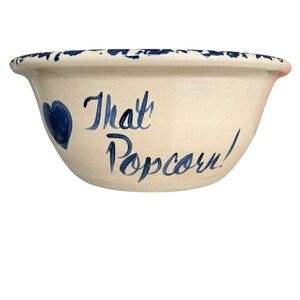 Vintage Storie Pottery Heavy Ceramic Popcorn Bowl Beige‎ Blue Rustic Farmhouse